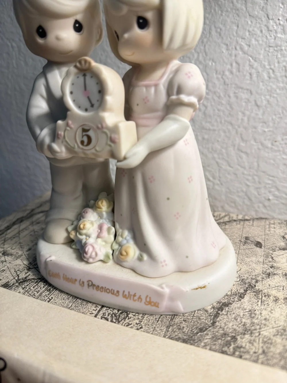 Precious Moments Cream and Pink Porcelain Couple Figurine with Clock